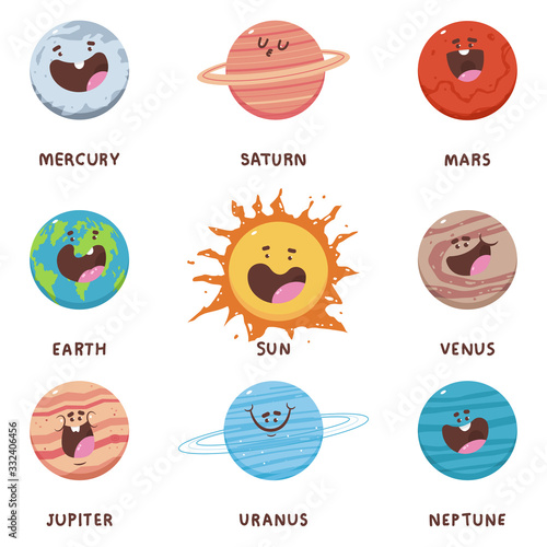 Cute planets solar system vector cartoon characters set isolated on white background.