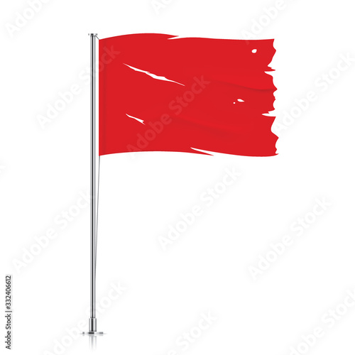 Torn red flag on a metallic pole. Waving damaged flag, isolated on a white background. Tattered vector flag illustration.