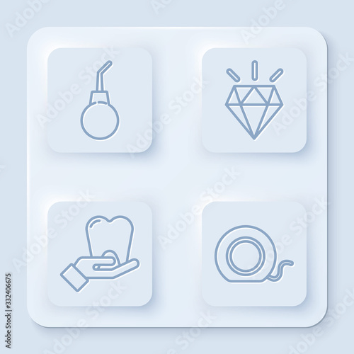 Set line Enema pear, Diamond teeth, Tooth and Dental floss. White square button. Vector