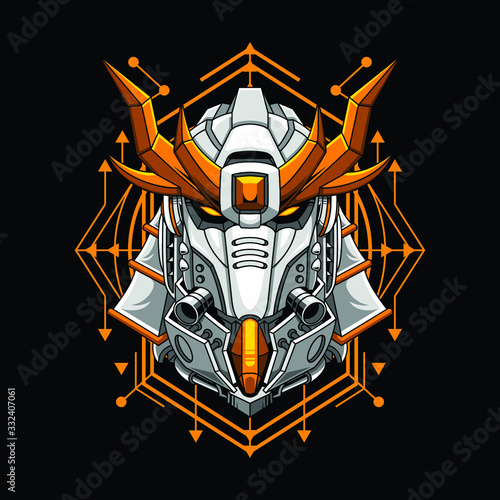 Mecha head samurai with sacred geometry pattern