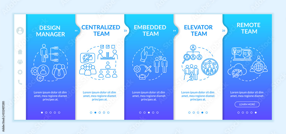 Types of design team onboarding vector template. Design manager. Centralized team. Embedded team. Responsive mobile website with icons. Webpage walkthrough step screens. RGB color concept