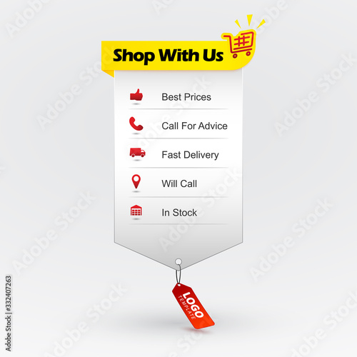 Benefits of buying. Online shopping. Web design element with icons showing advantages of shopping. Best price, call for advice, fast delivery, will call, in stock.