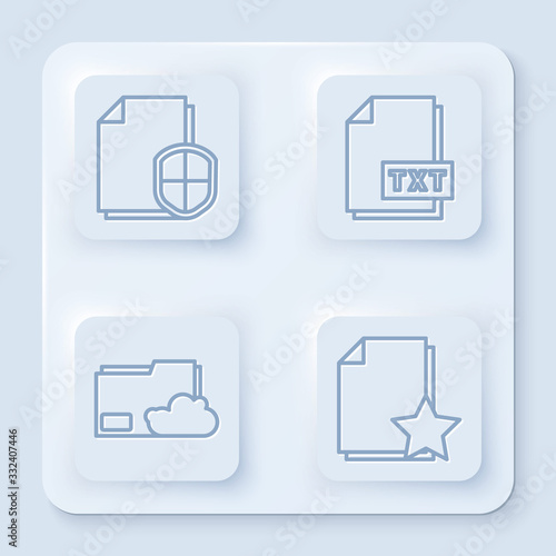 Set line Document protection concept, TXT file document, Cloud storage text document folder and Document with star. White square button. Vector