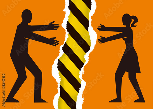 Separated couple, a dangerous relationship. Illustration of torn paper with young heterosexual couple silhouettes and under construction sign, symbolize problematic dependence on partner. Vector avail