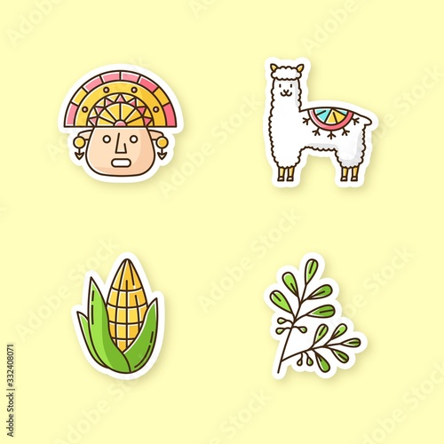 Peru printable patches. Andean country features. RGB color stickers, pins and badges set. Alpaca, incas, corn, coca. Peruvian customs. Traveling in South America. Vector isolated illustrations
