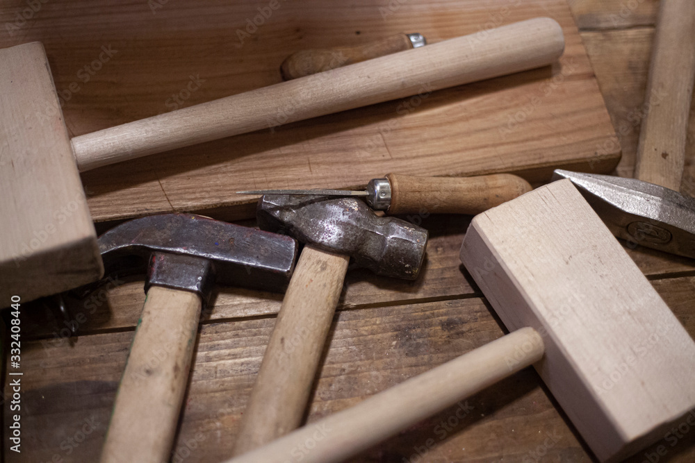 Hammers are on the table. Instruments