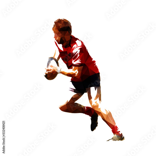 Rugby player running with ball, low poly isolated vector illustration