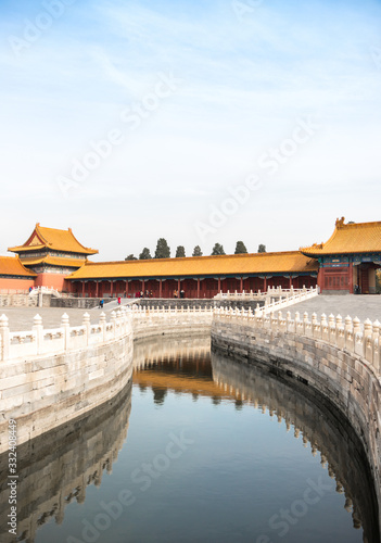 Chinas Forbidden City Reflection Lake with Vibrant Colours of Red and Orange