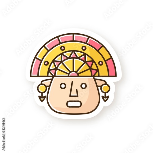 The Incas patch. Man face in traditional inca headdress. Aztec ceremonial mask. Ancient south american idol. Hispanic god. Peruvian culture. RGB color printable sticker. Vector isolated illustration