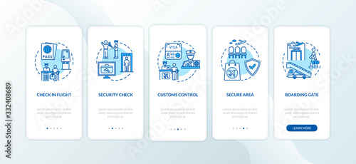 Airport guide onboarding mobile app page screen with concepts. Commercial flight boarding walkthrough five steps graphic instructions. UI vector template with RGB color illustrations