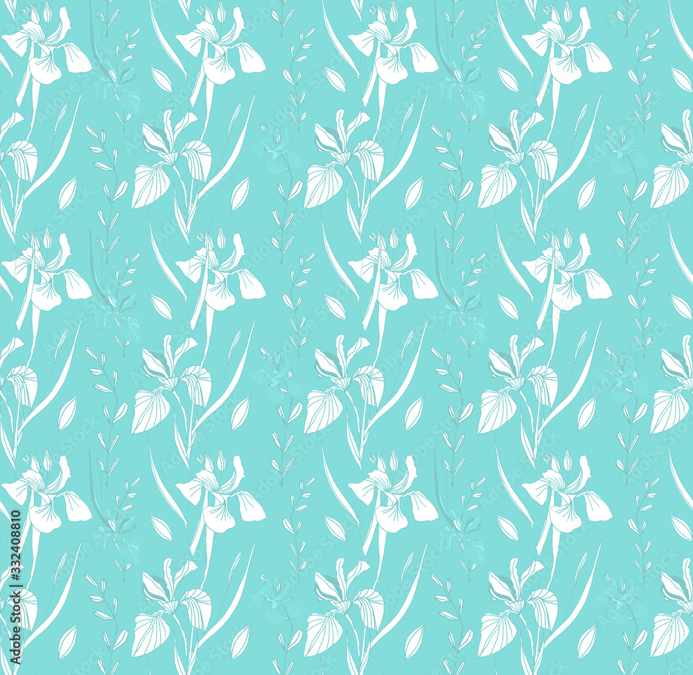 Trendy. Seamless pattern. For fabric design, for fashion. Texture for prints and on a colored background. Illustration for the interior. Iris flowers Trendy. Seamless pattern. For fabric design, for fashion. Texture for prints and on a colored background. Illustration for the interior. Iris flowers