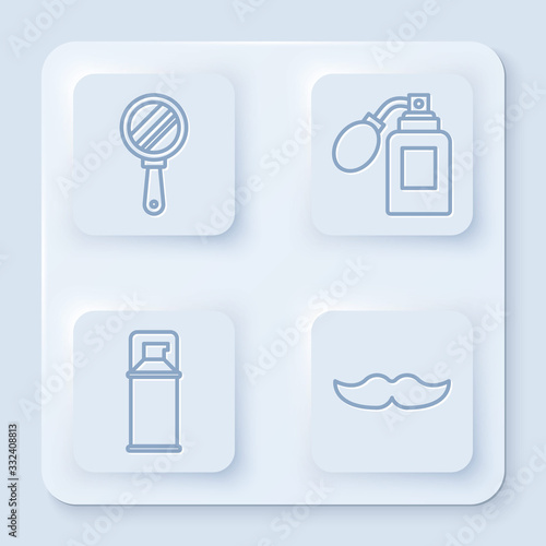 Set line Hand mirror, Aftershave bottle with atomizer, Shaving gel foam and Mustache. White square button. Vector