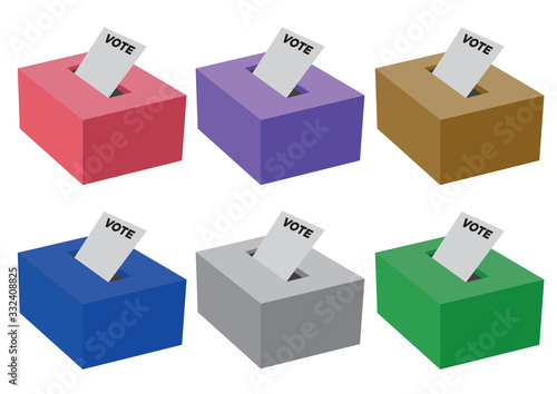 Set of different colored voting ballot boxes isolated against white background. Concept of freedom or democracy.