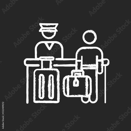 Airport check in chalk white icon on black background. Passenger waiting at registration desk. Receptionist at counter at aircraft terminal. Isolated vector chalkboard illustration
