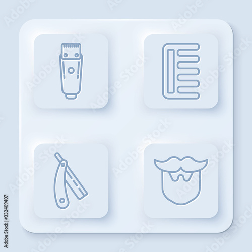 Set line Electrical hair clipper or shaver, Hairbrush, Straight razor and Mustache and beard. White square button. Vector