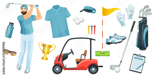 Golf equipment set logo icons sports gear for game