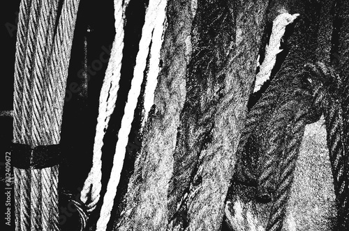 Distress grunge vector texture of wicker rope. Black and white background.