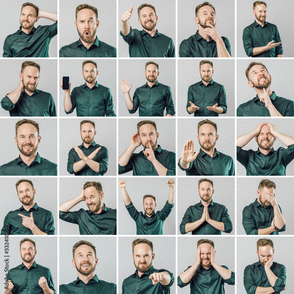 Set of handsome man with different emotions and gestures Set of handsome man with different emotions and gestures