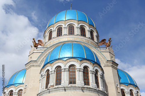 Orthodox Church of the Holy Trinity at the Borisovo Ponds (Orekhovo-Borisovo district), Moscow city, Russia. Religious architecture. Christian religion. Moscow landmark, architectural monument. View photo