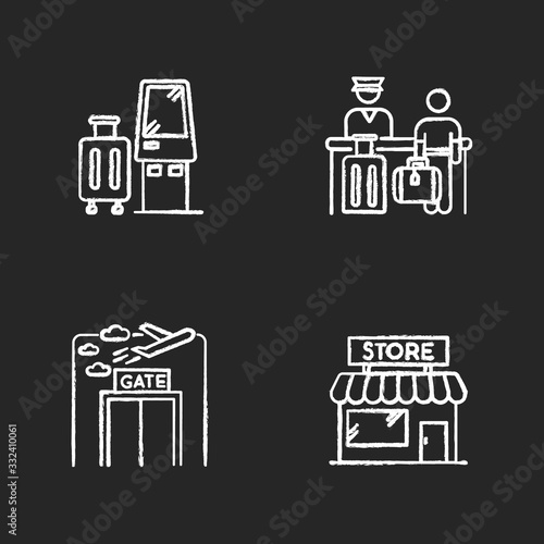 Airport terminal chalk white icons set on black background. Self service kiosk to check in. Boarding registration desk. Gate window. Airplane departure. Isolated vector chalkboard illustrations