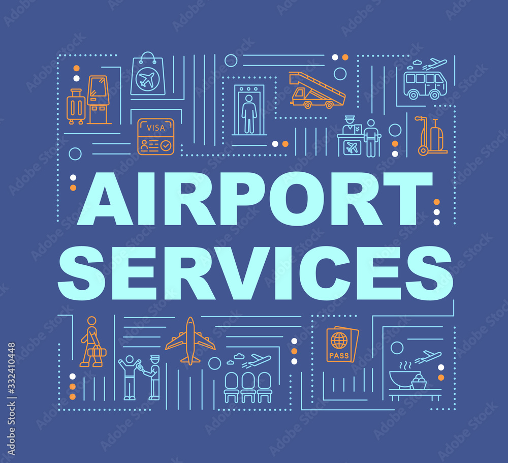 Fototapeta premium Airport services word concepts banner. Commercial flights, airplane travel infographics with linear icons on blue background. Isolated typography. Vector outline RGB color illustration