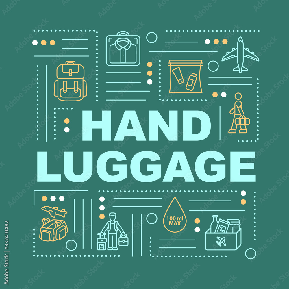 Hand luggage word concepts banner. Baggage handling tips. Comfortable tourism infographics with