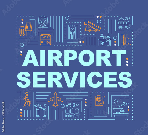 Airport services word concepts banner. Commercial flights, airplane travel infographics with linear icons on blue background. Isolated typography. Vector outline RGB color illustration