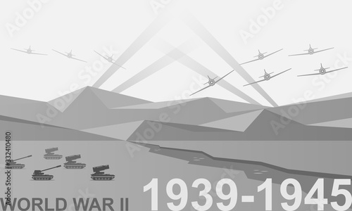 World War II 1939-1945 black and white vector illustration. Battlefield scene monochrome icon.