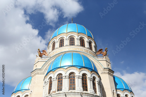 Orthodox Church of the Holy Trinity at the Borisovo Ponds (Orekhovo-Borisovo district), Moscow city, Russia. Religious architecture. Christian religion. Moscow landmark, architectural monument. View photo