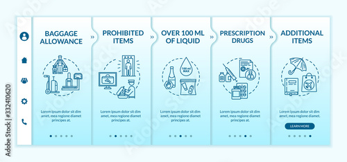 Hand luggage onboarding vector template. Airline company responsive mobile website with icons. Airport security procedures, custom control webpage walkthrough step screens. RGB color concept