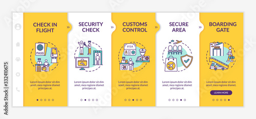 Airport terminal onboarding vector template. International airline company responsive mobile website with icons. Boarding procedures webpage walkthrough step screens. RGB color concept