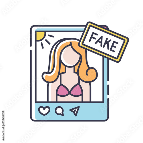 Fake influencer RGB color icon. Fraud blogger profile. Mislead with photo in account. Deception with social media page. Female model post and share selfie. Isolated vector illustration