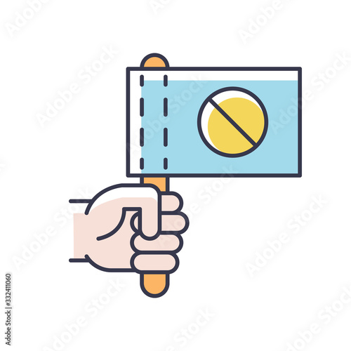 Activist RGB color icon. Hand holding flag with stop sign. Protester rally. Demonstration in digital marketing. Strike action. Resistance campaign, revolution. Isolated vector illustration