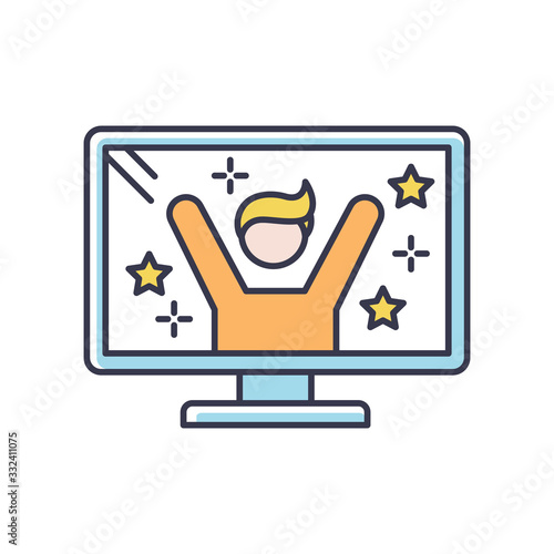 Reality TV star RGB color icon. Television program with host. Fun entertainment on channel. Watch TV series on display. Male presenter. Program on monitor. Isolated vector illustration