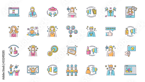 Social media promotion RGB color icons set. Digital marketing with influencers. Product promotion. Loyal audience. Top review. TV show star. Popular celebrity. Isolated vector illustrations