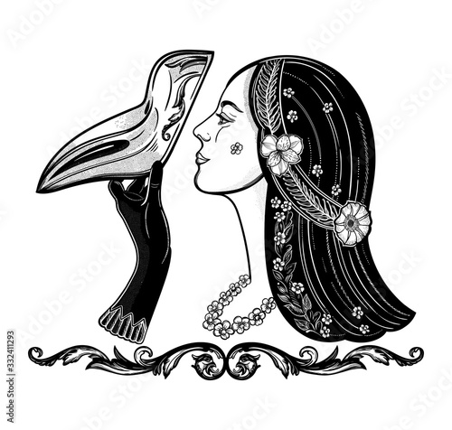 Girl with plague doctor mask. Medieval gothic venetian mask. Isolated vector illustration.