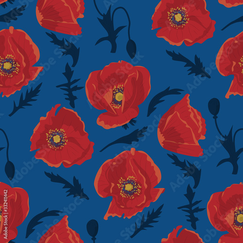 Seamless pattern with hand drawn red poppy flowers on blue background. Vector illustration