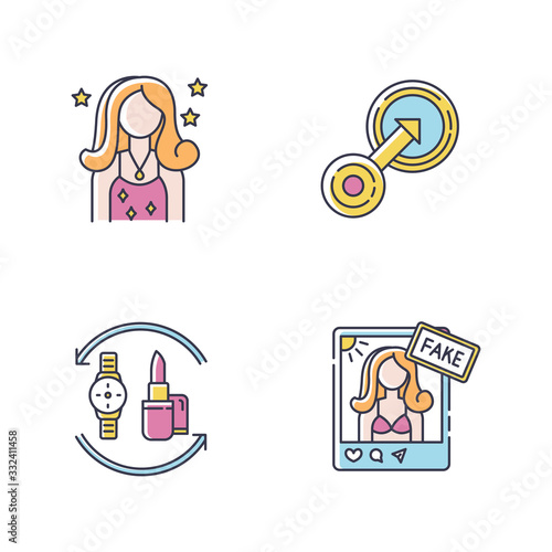 Social media influencer RGB color icons set. Popular female celebrity. Barter of fashion products. Native integration. Fake influencer social media page. Isolated vector illustrations
