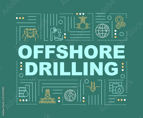 Offshore drilling word concepts banner. Mechanical technology for deep water mining. Infographics with linear icons on green background. Isolated typography. Vector outline RGB color illustration