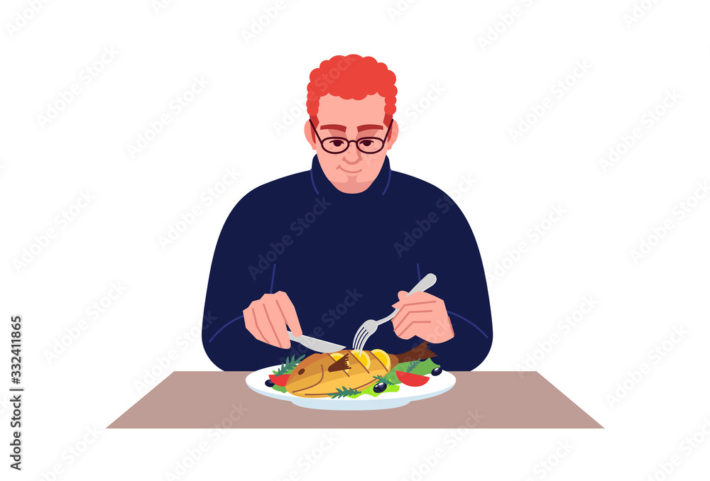 Redhead guy eating seafood semi flat RGB color vector illustration. Dinner at restaurant. Caucasian man enjoying salmon with lemon and vegetables isolated cartoon character on white background Redhead guy eating seafood semi flat RGB color vector illustration. Dinner at restaurant. Caucasian man enjoying salmon with lemon and vegetables isolated cartoon character on white background