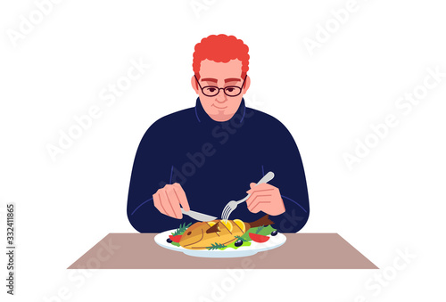 Redhead guy eating seafood semi flat RGB color vector illustration. Dinner at restaurant. Caucasian man enjoying salmon with lemon and vegetables isolated cartoon character on white background