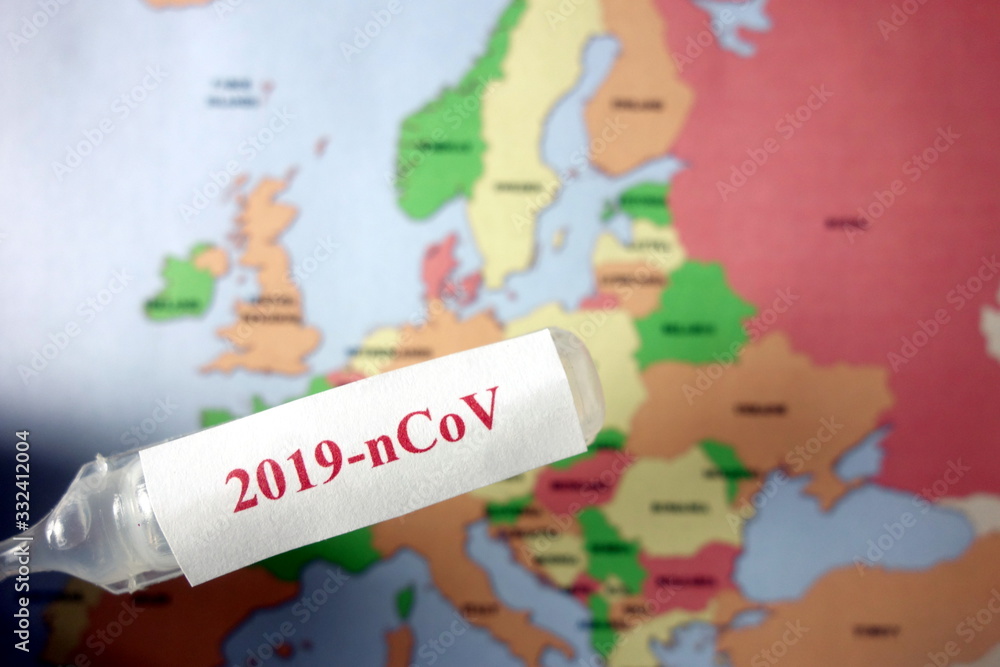 Naklejka premium Ampoule with text 2019-nCoV and map of Europe. Coronavirus outbreak concept