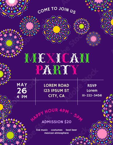 Mexican party invitation template with festive decorative elements.