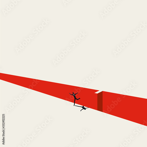 Overcome business and financial challenge, risk, danger vector concept. Man jumps over gap. Symbol of recovery.