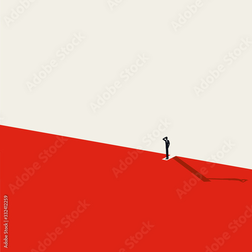 Financial crisis, recession or depression vector concept. Man standing above abyss. Job loss or market crash symbol.