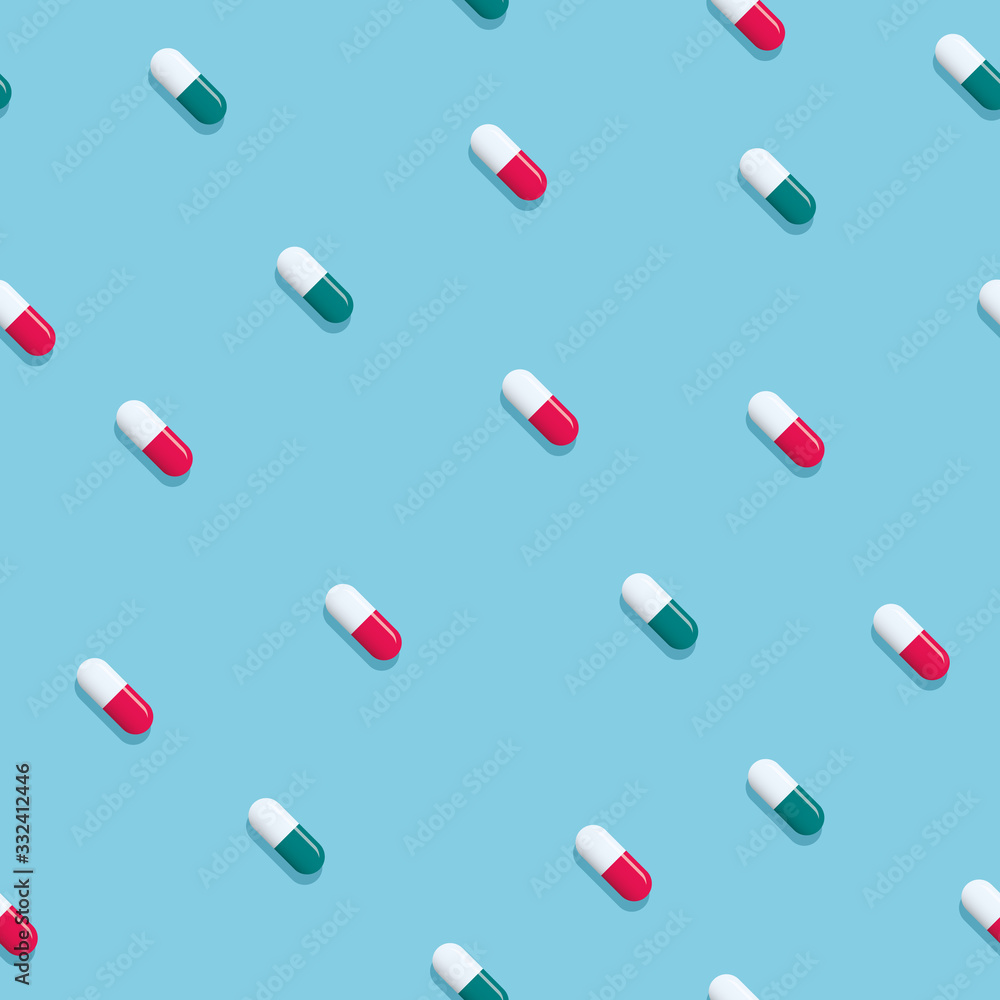 Pills seamless pattern vector background with green and red capsules. Coronavirus cure, medicine health treatment symbol Pills seamless pattern vector background with green and red capsules. Coronavirus cure, medicine health treatment symbol