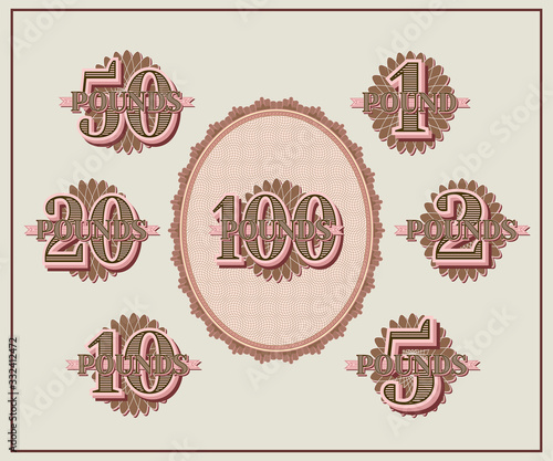 A set of samples of face values from 1 to 100 pounds and an oval with a guilloche pattern