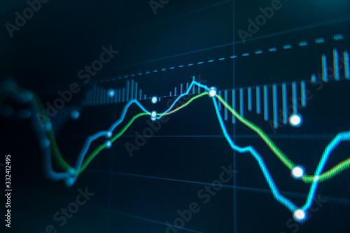 Stock market trading graph and candlestick chart on screen monitor for financial investment and economic concept.