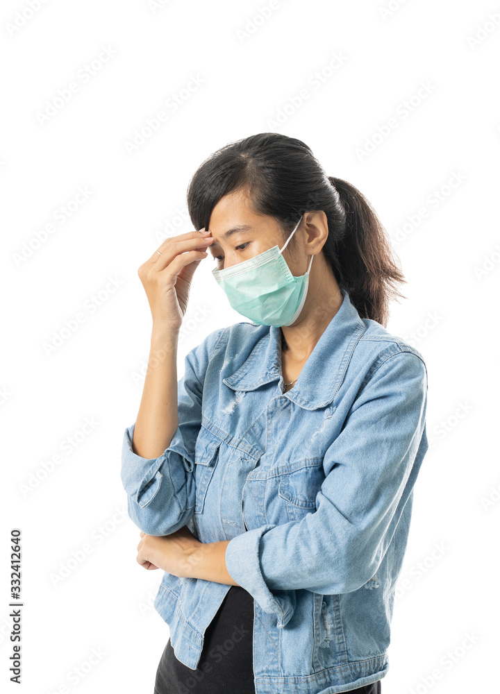 sad woman wearing face masks for virus protection. isolated on white sad woman wearing face masks for virus protection. isolated on white