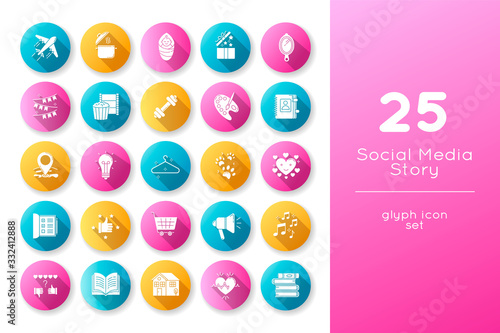 Social media story flat design long shadow glyph icons set. Travel and tourism. Cooking recipe. Infant baby. Pet paws. Gym exercise. Love life. Creative hobby. Silhouette RGB color illustrations
